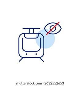 Vector icon of tram with crossed-out eye, symbolizing hidden route, private transit, or invisible tracking. Ideal for transport apps, navigation tools, and privacy