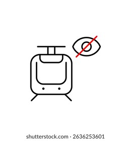Vector icon of tram with crossed-out eye, symbolizing hidden route, private transit, or invisible tracking. Ideal for transport apps, navigation tools, and privacy settings