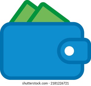 Icono vectorial con un fondo transparente de una cartera azul con billetes verdes, ahorrando dinero, pagando con efectivo. Dinero de papel.