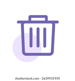 Vector icon of a trash bin in a soft purple style. Minimalistic flat design suitable for interface elements, file deletion, cleanup tools, or user interface notifications. 