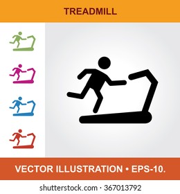 Vector Icon Of Treadmill With Title & Small Multicolored Icons. Eps-10.