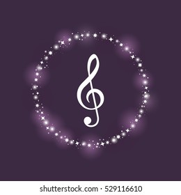 Vector icon of treble clef on dark purple background. Bright sparkle round frame. Elements for design for musical theme. Festive logo, banner, sign, emblem, card.