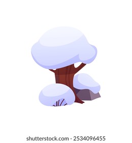 Vector icon of a tree with a trunk and branches covered with snow, surrounded by a dry bush and a stone on a white background. Ideal for nature in games and projects about ecology