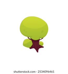 Vector icon of a tree with a trunk, branches and lush green foliage surrounded by bushes on a white background. Ideal for nature in games and projects about ecology