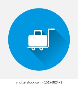 Vector icon trolley with a suitcase. Symbol service, porter in the hotel on blue background. Flat image with long shadow.