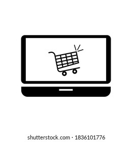 Vector icon of troly in laptop. E-commerce, online shopping. Just stay at home. End of year discount. New Year 2021.