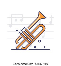 Vector icon of the trumpet on white background with notes. Musical instrument and equipment topic.