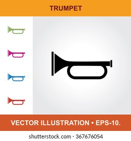 Vector Icon Of Trumpet With Title & Small Multicolored Icons. Eps-10.