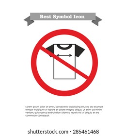Vector icon of t-shirt and two-sided arrow depicting its size in prohibition sign, with text on gray ribbon and sample text