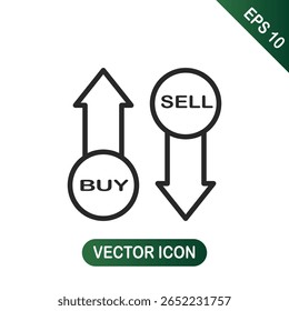 Ícone de vetor de duas setas com o texto comprar e vender em um fundo branco