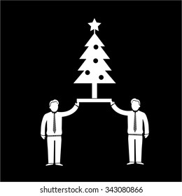 Vector icon of two business man holding christmas tree | white flat design pictogram illustration and infographic isolated on black background