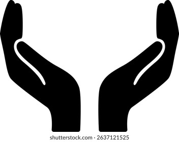 Vector icon of two cupped hands in black silhouette. Represents care, protection, support, and safety. Vector EPS 10