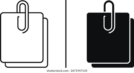 Vector Icon of Two Documents or Notes with a Paperclip, in Outline and Solid Fill Styles.

