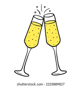 Vector icon of two glasses of champagne hand drawn in doodle style. Symbol of holiday and congratulations.