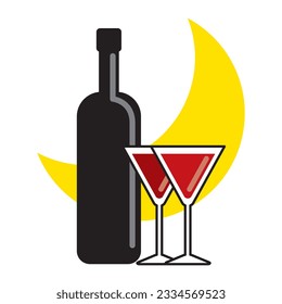 Vector icon of two glasses of red wine and wine bottle in front of crescent moon, flat colour design on white background.