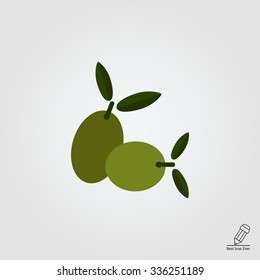 Vector icon of two green olives on stem with leaves