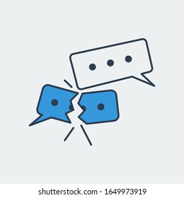 Vector icon with two message shapes with three dots and on of them is broken in half. It represents problems in chatting and messaging between people