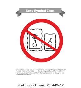 Vector icon of two paintings in frame in prohibition sign, with text on gray ribbon and sample text
