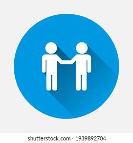 Vector icon two people businessman greet   icon on blue background. Flat image with long shadow.