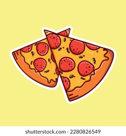 vector icon of two pizza slices, bright pizza sticker with white border