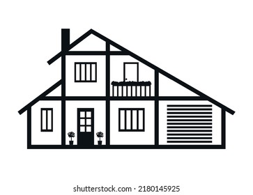 Vector icon of a two storey private house with a balcony on a white background. Architecture icon in flat style made from black lines.