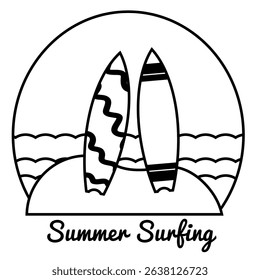 Vector Icon Two surfboards standing on a sand mound,
with ocean scenery in the background,
line art style