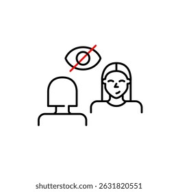 Vector icon of two women in conversation with crossed-out eye, symbolizing private discussion, confidential communication, or hidden dialogue. Ideal for messaging apps, privacy settings, and social pl