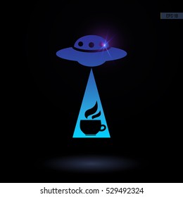 Vector icon with UFO and coffee. Graphic symbol for web design, logo. Isolated sign on a black background.