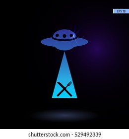 Vector icon with UFO and food. Graphic symbol for web design, logo. Isolated sign on a black background.