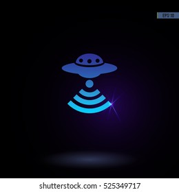 Vector icon with UFO and wifi. Graphic symbol for web design, logo. Isolated sign on a black background.