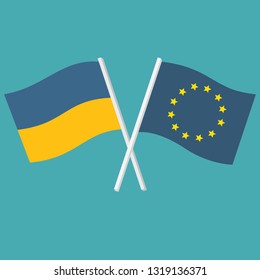 Vector icon Ukraine and Europe flags. Flags of Ukraine and the European Union are crossed and swaying in the wind.