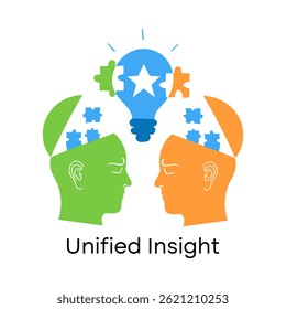 Vector icon for Unified Insight. Colorful icon with green and orange human heads facing each other with blue puzzle pieces and a lightbulb, symbolizing shared understanding.