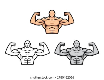 Icono vector de la mitad superior del cuerpo desnudo de un hombre muy fuerte, desde el frente, levantando ambos brazos para mostrar biceps. El elemento está en tres versiones: color, blanco y negro, y escala de grises.