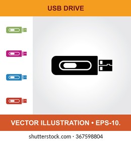 Vector Icon Of USB Drive or Pen Drive With Title & Small Multicolored Icons. Eps-10.