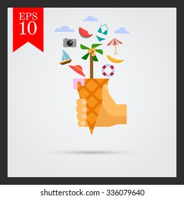 Vector icon of vacation concept including waffle cone with palm tree, beach umbrella, watermelon slice, camera, hat, life ring buoy