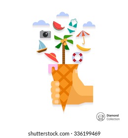 Vector icon of vacation concept including waffle cone with palm tree, beach umbrella, watermelon slice, camera, hat, life ring buoy