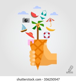 Vector icon of vacation concept including waffle cone with palm tree, beach umbrella, watermelon slice, camera, hat, life ring buoy