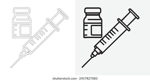 Vector para vacunas. jeringuilla con un recipiente. formas comunes de evitar resfriados. dosis de vacunación. medicamentos recetados y farmacias. obras de arte en Vector que son delgadas. Símbolo de contorno