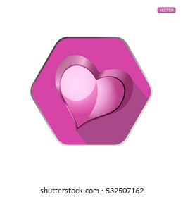 Vector icon of the Valentin's Day pink heart with hexagon mesh pattern and shadow in the hexagon pink background cut from paper.