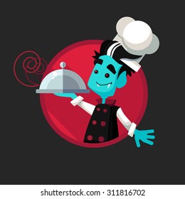 Vector icon with vampire cook and Halloween kitchenware