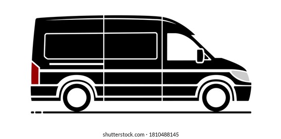 Vector icon van side view on white background. Van side view trendy icons; black van side view vector illustration. Vector transport icon.
