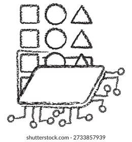 Vector icon of various data shapes being organized into a digital folder. Dark brown charcoal sketch on transparent background. Hand-drawn concept for dataset preparation and storage