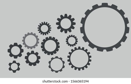 Vector icon of various types of gray gears on gray background. Cogwheels icon used in machinery.