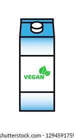 Vector icon of vegan milk isolated on a white background. Plant based non dairy alternative. Symbol of carton box with screw cap and with label where is vegan logo.
