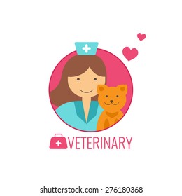 Vector icon for Veterinary medicine, style flat. Doctor with cat.