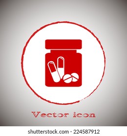 Vector icon Vial of medicine Red button on a gray background.