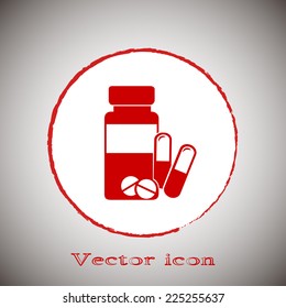 Vector icon Vial of medicine Red round button on a gray background