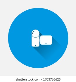 Vector icon video camera on blue background. Flat image with long shadow.
