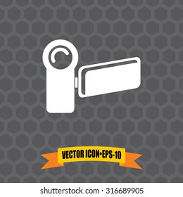 Vector Icon of Video Camera on Dark Gray Background. Eps.10.