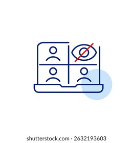 Vector icon of video conference on laptop with crossed-out eye, symbolizing hidden meeting, private call, or invisible attendance. Ideal for communication apps, remote work tools, and privacy settings